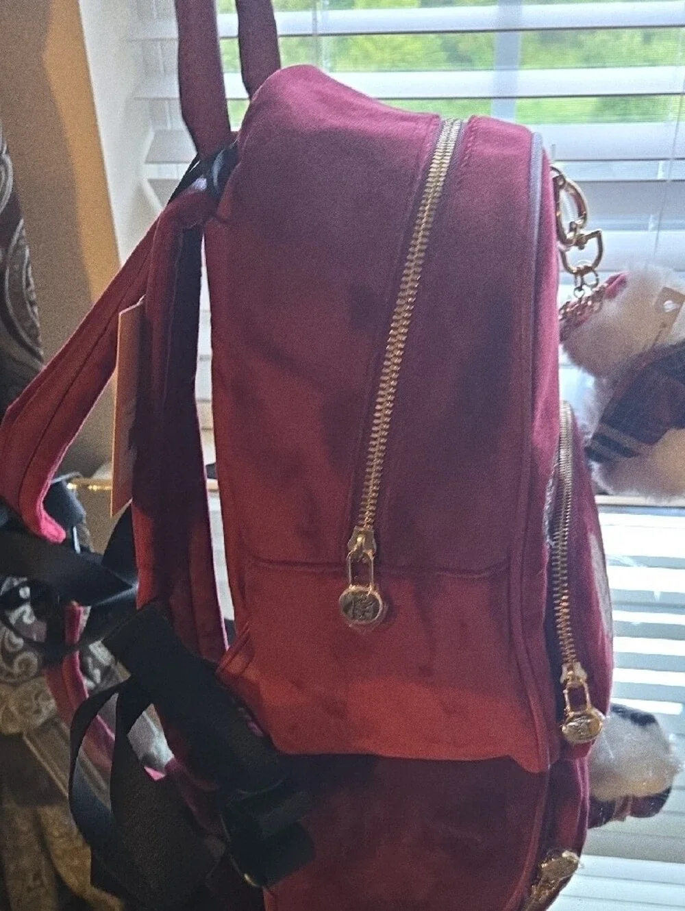 Juicy Couture Burgundy Velvet Backpack with Plush Keychain